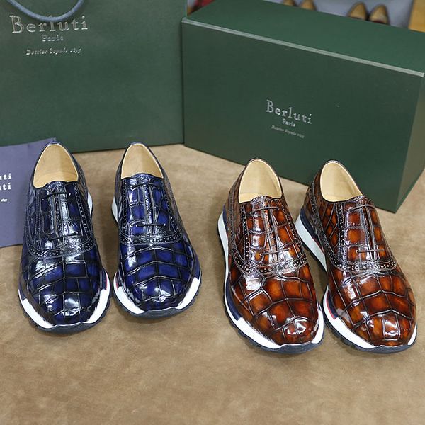 

handmade shoe high-end quality men's shoes crocodile fast track torino alligator leather sneaker hand stitch, Red;white