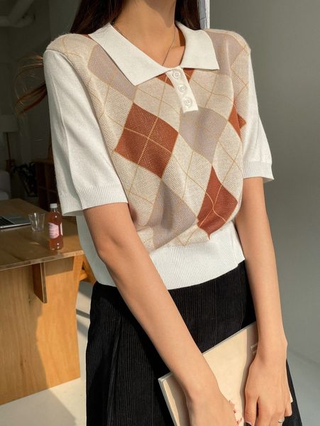 

dazy argyle pattern polo neck knit h3ol#, White;black
