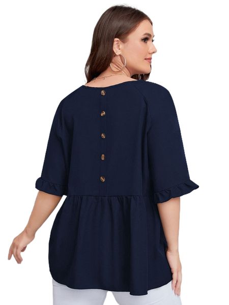 

plus solid button back peplum blouse 76xa#, Black