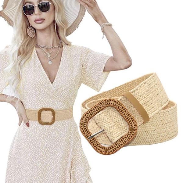 Gürtel Stroh Breiter Gürtel Vintage Boho Geflochtene Taille Sommer Weibliche Runde Holz Glatte Schnalle Für Frauen DecorBelts