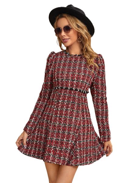 

puff sleeve raw cut plaid tweed dress q5pu#, Black;gray