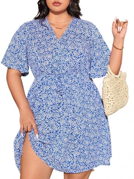 

plus ditsy floral wrap dress o13n#, Black