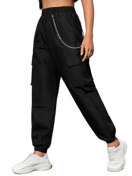 

flap pocket side cargo pants with chain t46h#, Black;white