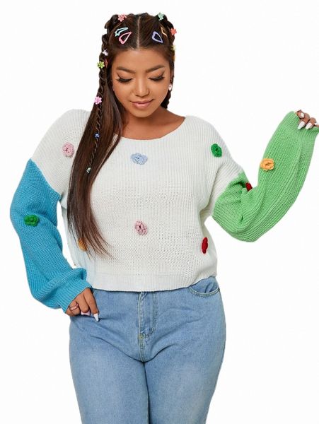 

plus floral patched colorblock drop shoulder sweater a5bi#, Black