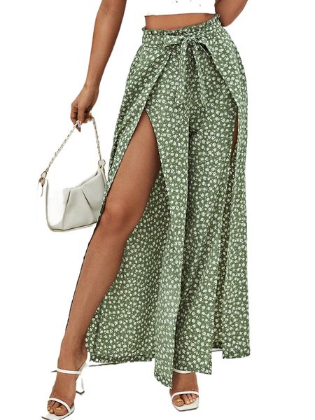 

ditsy floral split thigh belted pants f1o0#, Black;white