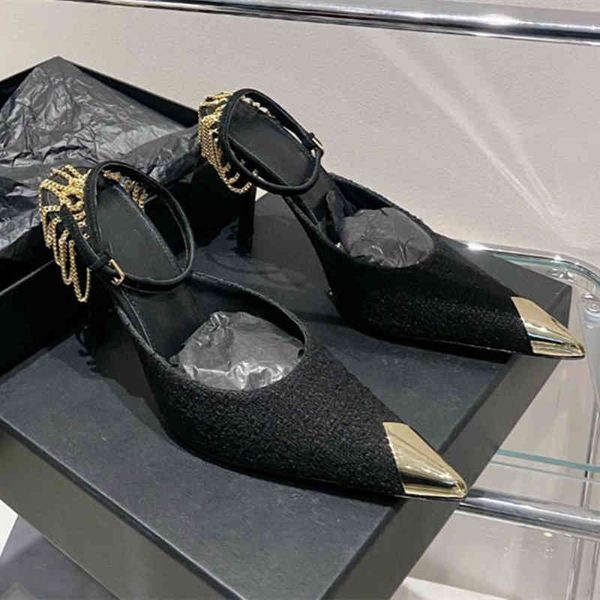 

slippers y family early spring metal pointed chain high heels women's banquet shallow mouth thin heel back empty single shoes mmjq, Black