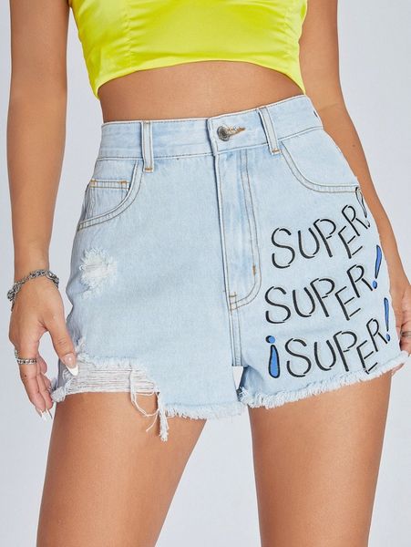 

letter graphic ripped raw cut denim shorts j7pb#, White;black