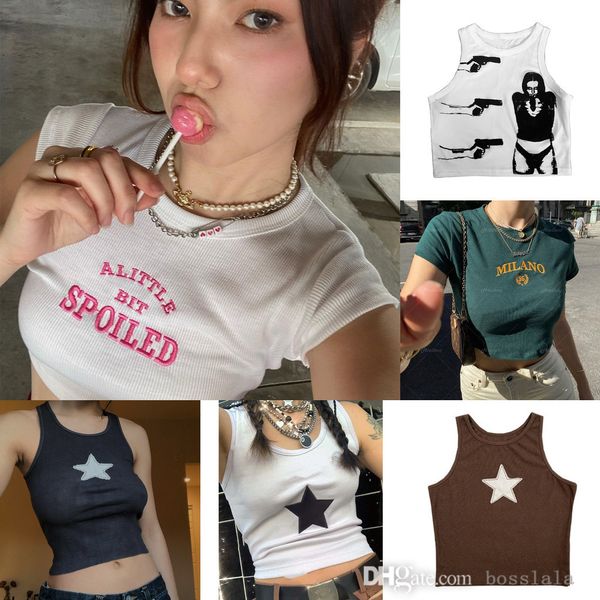 

new summer personalized print mini tee round neck sleeveless backless womens casual vest, White