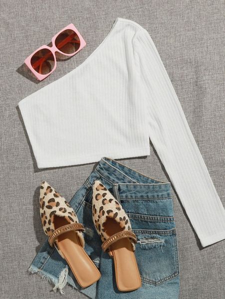 

one shoulder rib-knit crop r46c#, White
