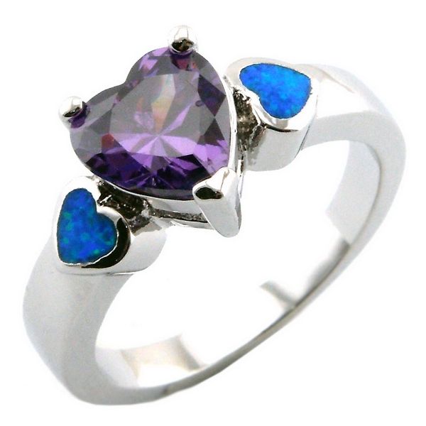 Anel de opala azul da moda; Design de coração de jóias de pedra ametista
