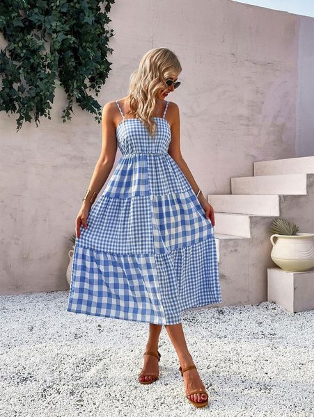 

gingham ruffle hem cami dress s7s4#, Black;gray