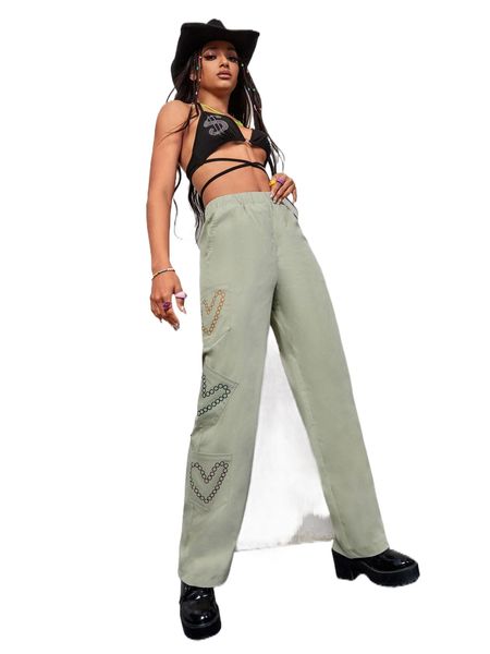 

heart print pocket patched pants g3r9#, Black;white