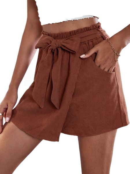 

paper bag waist wrap front belted skort x1t3#, White;black