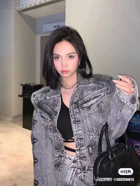 

two piece dress designer 22 spring and summer new cross loose denim jacket with holes, heavy industry washing design, short shorts qzxf, White