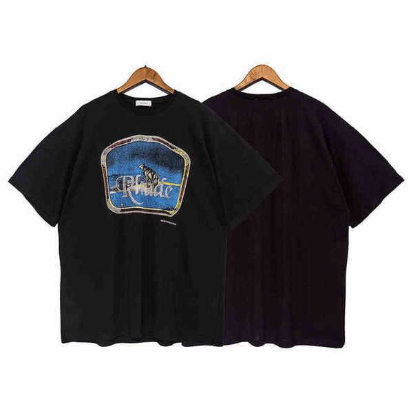 

summer washed old wolf short-sleeved t-shirt high street tide brand men and women couple ins casual tee t220722, White;black