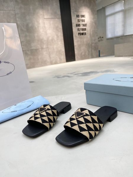 

2022 classic triangle printed fabric slippers women's printeds black mule luxury platform sandals beach shoes sizes 35-43