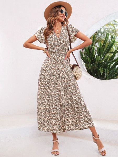 

allover paisley print petal sleeve split thigh dress n6gl#, Black;gray