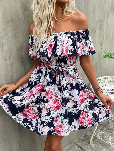 

floral print off shoulder ruffle trim belted dress d8pm#, Black;gray