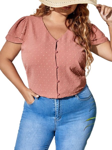 

plus swiss dot layered sleeve button front blouse 627x#, Black