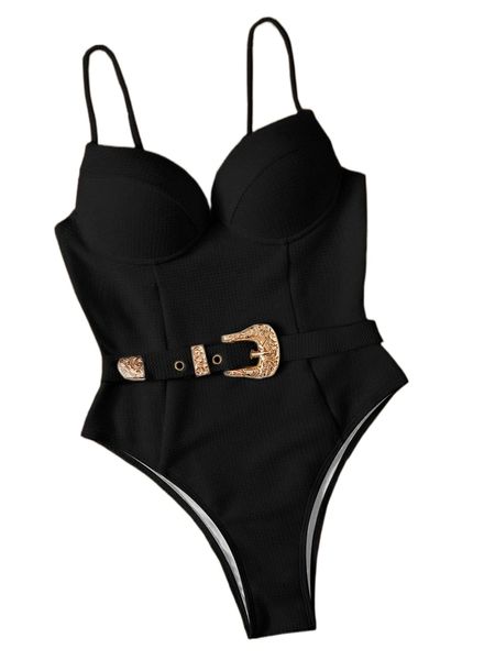 

western buckle underwired one piece swimsuit u4c9#, White;black