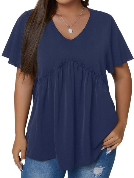 

plus frill trim flutter sleeve blouse c21w#, Black