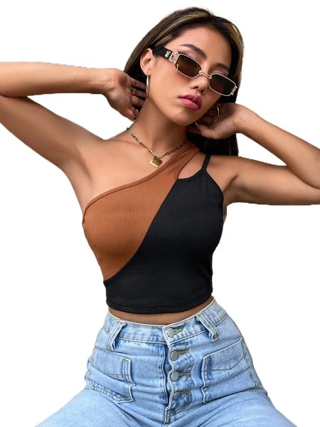 

two tone cut out one shoulder e349#, White