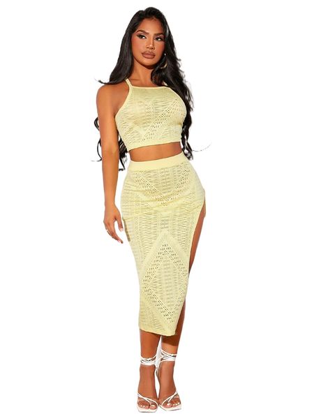 

sxy solid crop cami & high split skirt set w9b5#, White