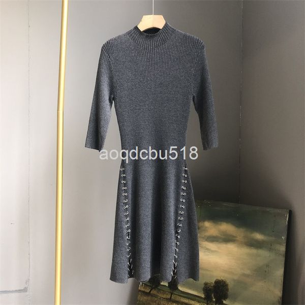 

casual dresses knitted dress women's early spring french temperament metal ring slit slim skirt, Black;gray