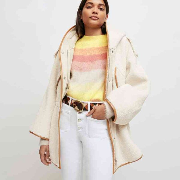 

women's wool & blends maj bump trim lambswool coat autumn and winter silhouette flared sleeve drawstring waist loose hooded jacket m65n, Black