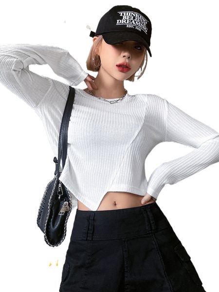 

dazy ribbed asymmetrical hem solid tee 28si#, White