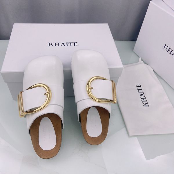 

khaite downing gold-tone buckled leather mules slippers luxe slip-on clogs beach shoes rounded closed toes casual flats for women luxury des, Black