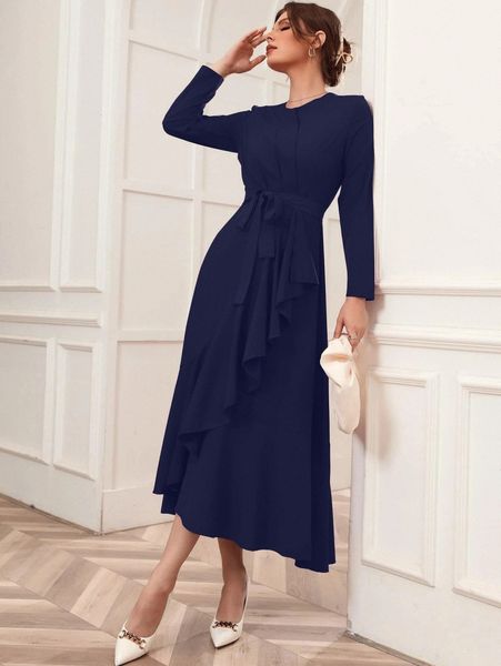 

ruffle trim belted wrap dress 12am#, Black;gray