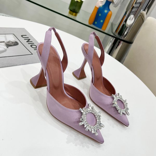 Sandali firmati Amina Muadi Catena di diamanti rosa nera Decorata banchetto Suola in pelle da donna Tacchi alti Pantofole sexy da sposa in seta con scatola 359