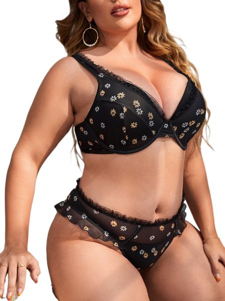 

plus floral print contrast mesh underwire lingerie set r324#, Black;white