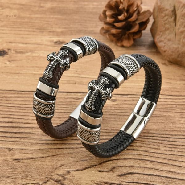 

antique silver plated retro style cross charm bracelet handmade leather bracelets for men, Golden;silver