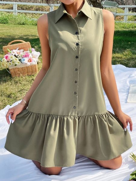 

button front ruffle hem smock dress o3sa#, Black;gray