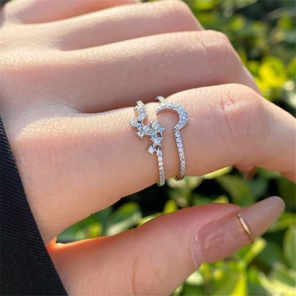 

2pcs/set 925 sterling silver ring with box moon star 5a cubic zirconia rings 18k gold for women luxurys fashion designers ring jewelry femal, Golden;silver