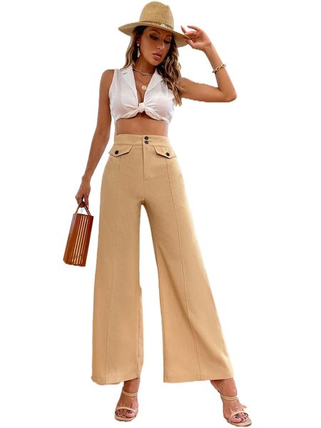 

high waist flap detail wide leg pants k0xz#, Black;white