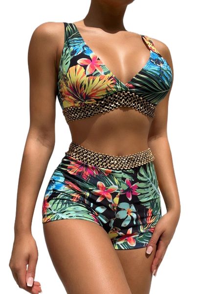 

tropical print stitch detail bikini swimsuit t4mj#, White;black