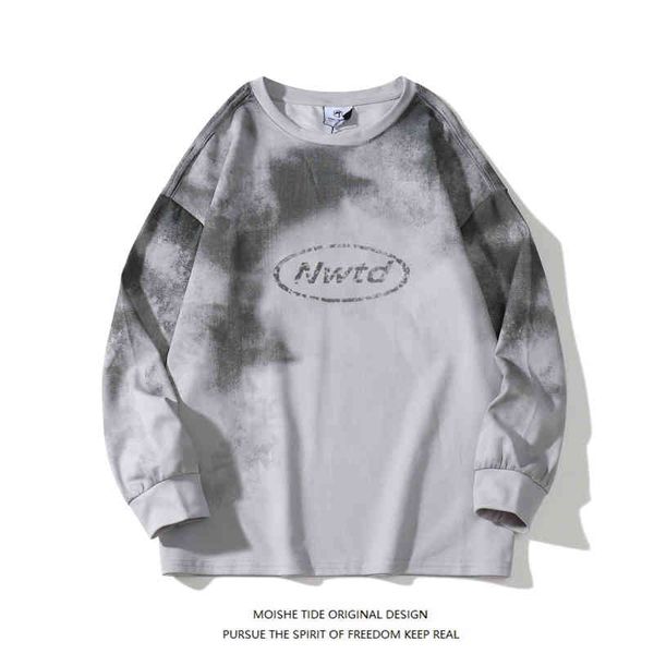 

moishe tide harajuku tie dyed gradient round neck sweater for men and women loose bf versatile casual couple, Black