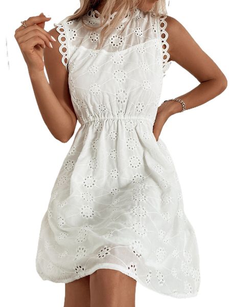 

eyelet embroidered keyhole back sleeveless schiffy dress n92e#, Black;gray