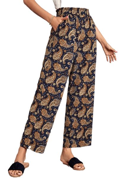 

paisley print paperbag waist wide leg pants b6kh#, Black;white