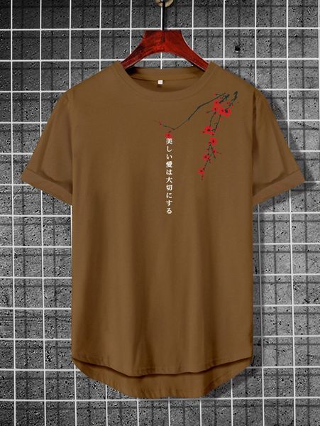 

men floral and japanese letter graphic high low hem tee 32bg#, White;black