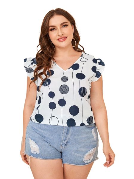 

plus polka dot flutter sleeve blouse s1u6#, Black