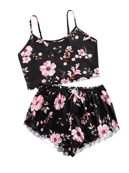 

floral print lettuce trim pj set r0xw#, Black;red