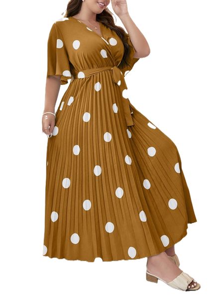 

plus polka dot print butterfly sleeve pleated belted dress r7ty#, Black