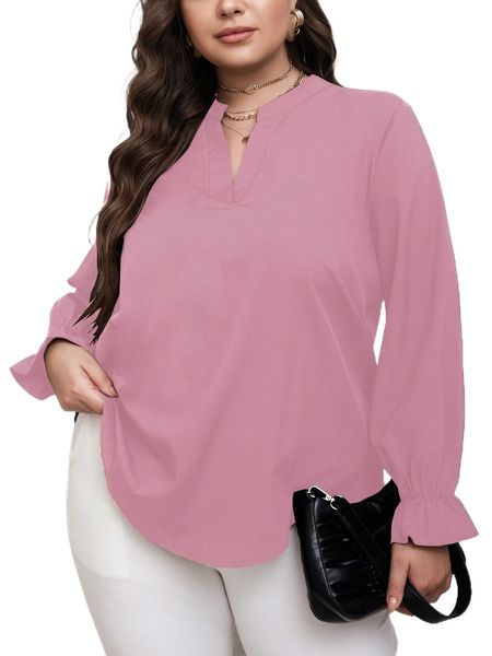 

plus notched neckline flounce sleeve blouse h96m#, Black