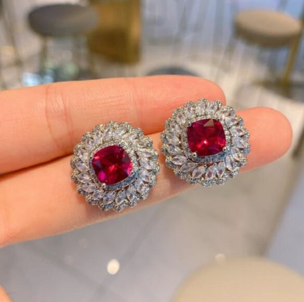 

pigeon blood ruby square luxury chains inlaid pendant earring set, Silver