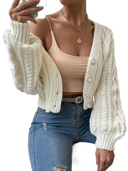 

cable knit drop shoulder button front cardigan 87uf#, White;black