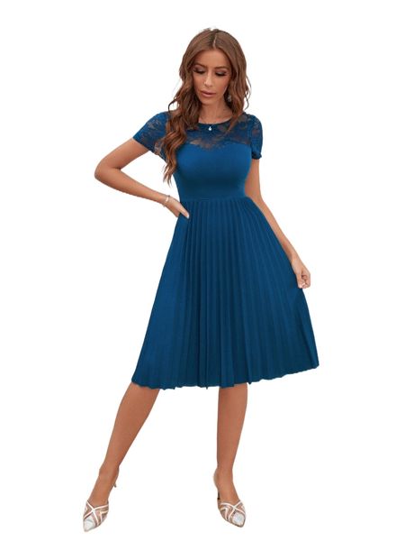 

contrast lace pleated hem dress i63a#, Black;gray